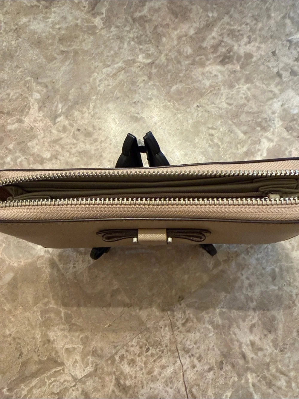 Coach Beige Taupe Leather Wallet with Bow Accent full zip